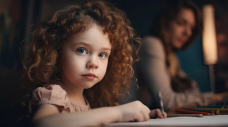 a little sweet girl listens attentively to a lesson at school. training and education.Generative AIの素材