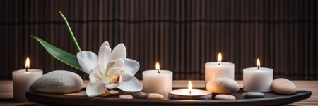 Thai spa massage. Spa treatment cosmetic beauty. Therapy aromatherapy for care body women with candles for relax wellness. Aroma and salt scrub setting ready healthy lifestyle, copy space for banner. Generative AIの素材