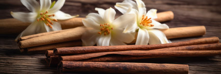 Dried vanilla pods and flowers on wooden background. Generative AIの素材