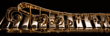 art background with the image of musical signs and elements of musical instruments made of metal, music made in metal on a black background. Generative AIの素材