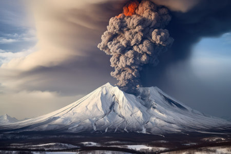 a powerful volcanic eruption occurred with the release of ash and lava. Generative AIの素材