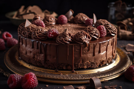 chocolate cake decorated with berries and pieces of chocolate.Generative AIの素材