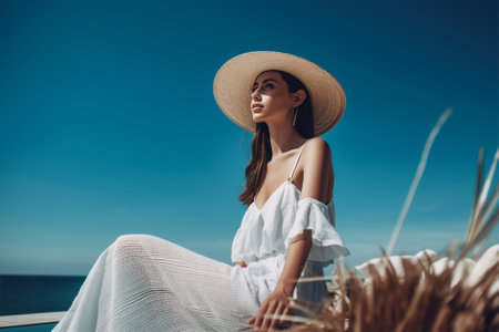 Beautiful spectacular young woman model in a white dress and hat against a bright blue sky on a sunny day. Generative AIの素材