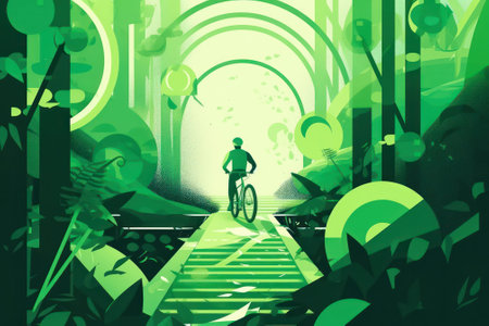 background in green colors .man on a bicycle, city and landscape, in the style of geometric shapes.の素材