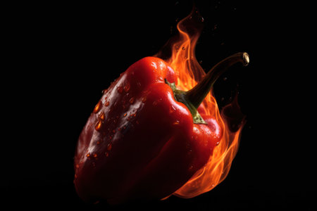 Red hot chili pepper on black background with flame. Neural network AI generatedの素材