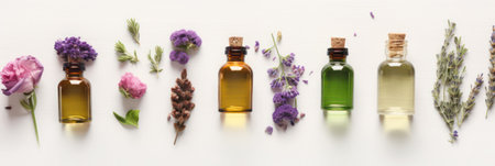 Dry flower and herbarium in small flasks, flower oil and seeds.Generative AIの素材