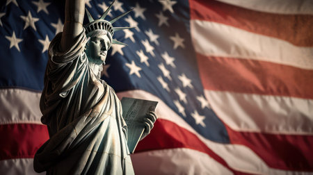 Statue of Liberty against the background of the American flag. Generative AIの素材