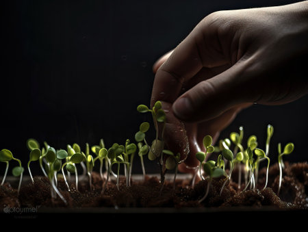 grow fresh small green plants. caring for young seedlings. agriculture. generative AIの素材