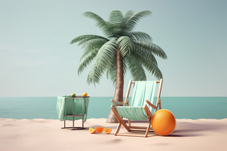Palm trees, deck chair and beach umbrella on mint color background. vacation and tourism concept. generative AIの素材