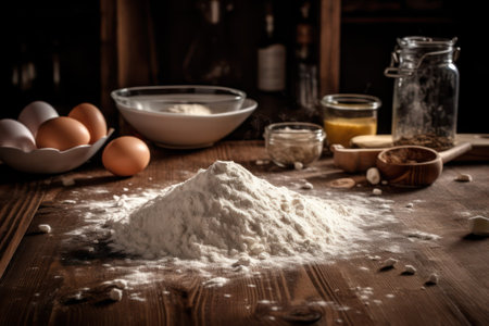ingredients for making dough on a wooden table .eggs ,flour, salt, sugar and butter. Generative AIの素材