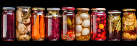 rustic conservation .vegetables in glass jars on the shelf. Generative AIの素材