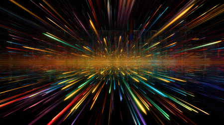 abstract dark background of light with stripes of multicolored rays moving from the center. Generative AIの素材