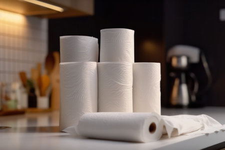 rolls of paper towels on the kitchen table on a blurred background. Generative AIの素材