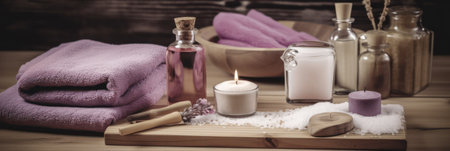 Spa Still Life with Candles for Cosmetic Beauty Spa Treatment. Aromatherapy body care therapy for women with candles for relaxation and wellness.Generative AIの素材