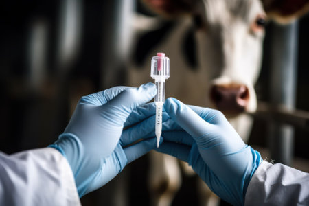 Close-up of unrecognizable animal veterinarian in latex gloves preparing syringe for vaccination of cow at farm, doctor vaccinates cows. Generative AIの素材
