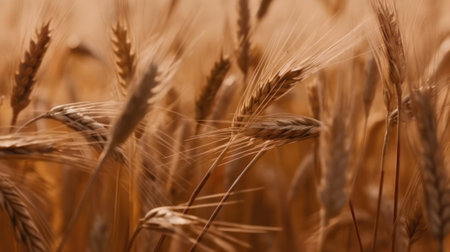 The growth of natures harvest. Natural product of wheat fields. Ears of golden wheat close-up. Rural scene under sunlight. Summer background of ripening ears of corn landscape.の素材