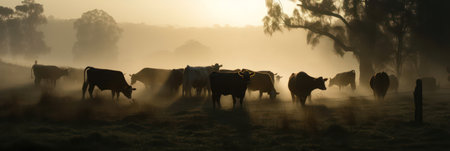 a herd of cattle grazes on a foggy morning in the farm fields. generative AIの素材