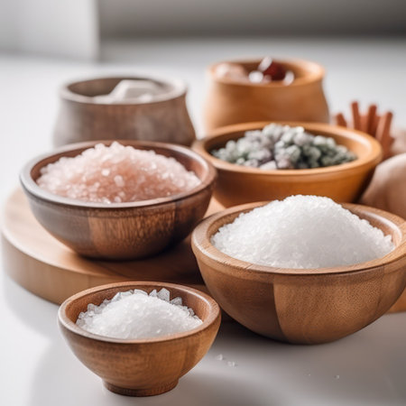 Several types of salt in wooden bowls on the table. Himalayan, Hawaiian, table, sea salt. Generative AIの素材