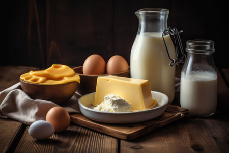 milk, several types of cheese, cottage cheese and eggs stand on a rustic farm table. Generative AIの素材