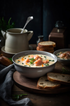 smoked salmon soup with cream and herbs. Generative AIの素材