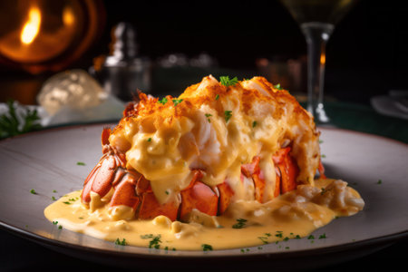 lobster thermidor. a French dish consisting of a whole lobster tail baked with a creamy brandy sauce, egg yolks and gruyere cheese. Generative AIの素材
