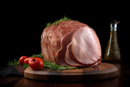 HAM on a wooden board with rosemary on a black background. Generative AIの素材