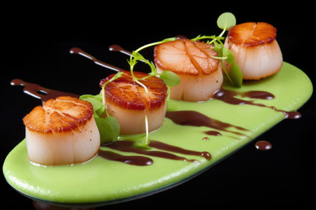 Sauteed Sea Scallops with Pea Puree and Crispy Pancetta. large fried scallops on a bed of colorful green pea puree .Generative AIの素材