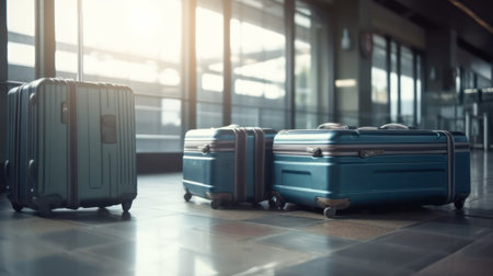 silver suitcases in airport hall or train station .travel and vacation concept.Generative AI. High quality photoの素材