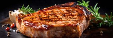 Grilled or pan fried pork chops on the bone with garlic and rosemary.Generative AIの素材