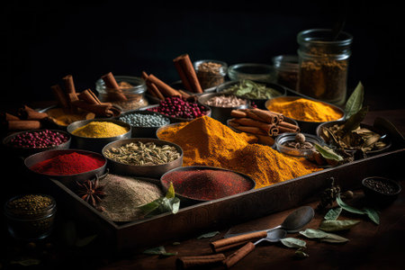 set of colorful spices used in cooking.background, wallpaper. Generative AIの素材
