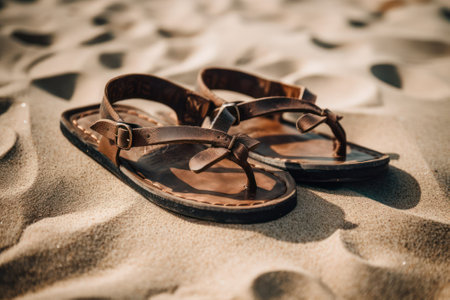 sandals on the sand on the beach on a sultry summer day. the concept of travel leisure and tourism. Generative AIの素材