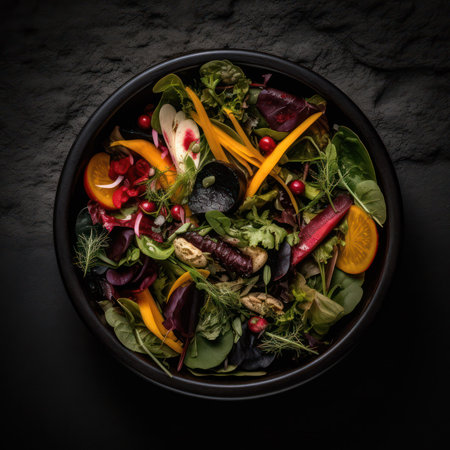on a dark background, chopped vegetables for salad lie neatly geometrically laid out. Generative AIの素材
