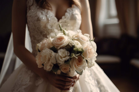 Womens hands in a lace dress holding a bridal bouquet in their hands. Generative AIの素材