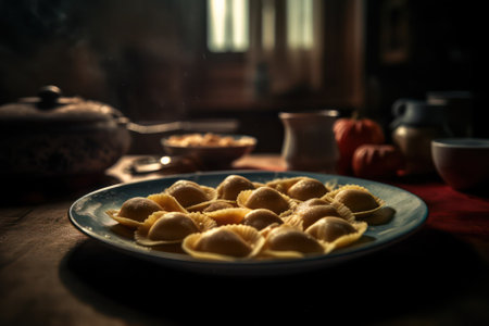 Homemade dumplings with sour cream and parsley in earthenware on a wooden table. Generative AIの素材