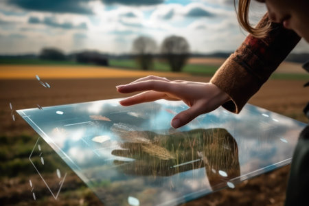 technology at the service of the farmer. Futuristic transparent tablet for agro-industry. Generative AIの素材