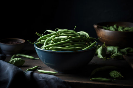 green beans in a dark plate on a wooden table. rustic style. Generative AIの素材