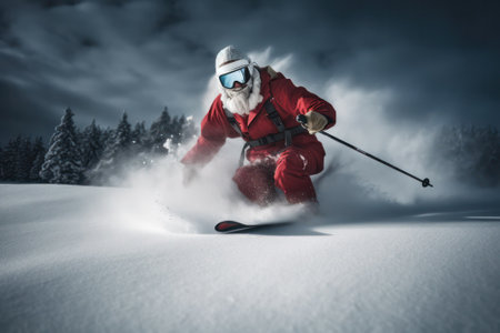 Santa Claus with a white beard in glasses and a helmet descends a snowy high slope with gifts for Christmas . Generative AIの素材