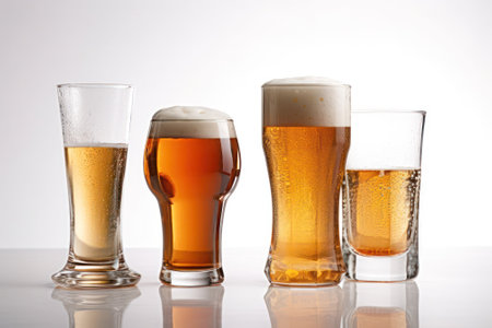 Different types of beer in glasses and bottles, isolated on white. Generative AIの素材