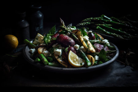 plate of asparagus grilled with vegetables on a dark background .rustic style. Generative AIの素材