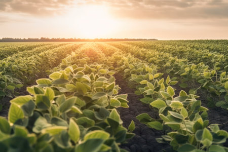 Green ripening soybean field, agricultural landscape. Agriculture concept. Generative AIの素材