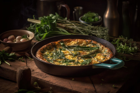 omelette with spinach and herbs in a cast iron skillet on a wooden table. Generative AIの素材