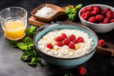 milk porridge with fresh raspberries on a dark background. Generative AIの素材