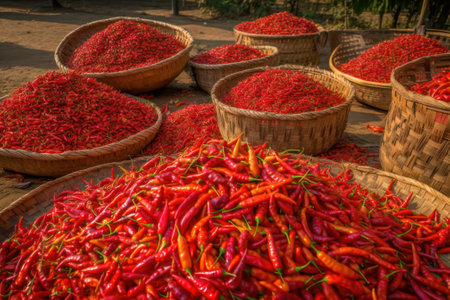 harvesting red chili peppers. large bowls and bags of containers with red hot chili peppers at harvest time.Generative AIの素材