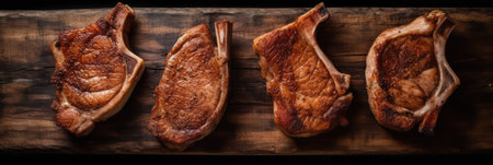 Grilled or pan fried pork chops on the bone with garlic and rosemary.Generative AIの素材
