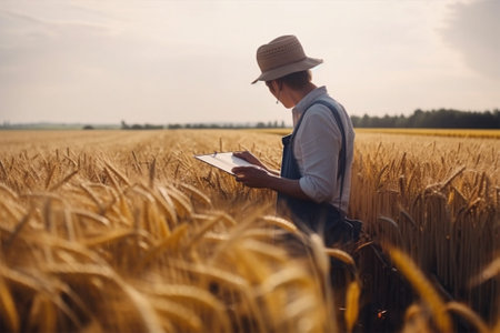 A male farmer examines the field of cereals and sends data to the cloud from the tablet. Smart farming and digital agriculture.Generative AIの素材