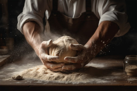 close-up of the cooks hand kneading the dough on the table in the kitchen. Generative AIの素材