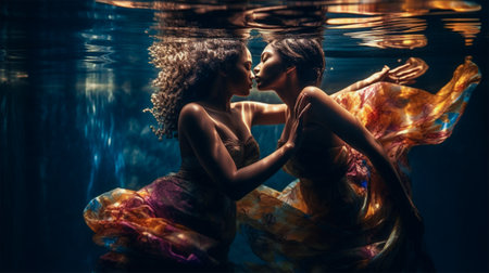 A tender kiss of two young african-american women underwater in bright transparent dresses. Generative AIの素材