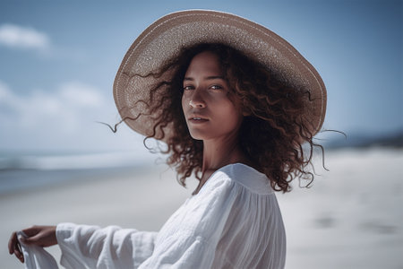 Beautiful spectacular young woman model in a white dress and hat against a bright blue sky on a sunny day. Generative AIの素材