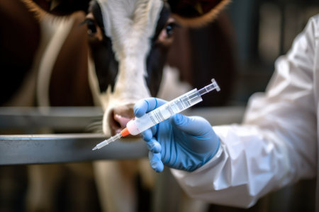 Close-up of unrecognizable animal veterinarian in latex gloves preparing syringe for vaccination of cow at farm, doctor vaccinates cows. Generative AIの素材