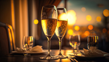 Two glasses of champagne, toasting at night with bokeh lights, sparkles and sparks in the background.pleasant festive atmosphere. generative AIの素材